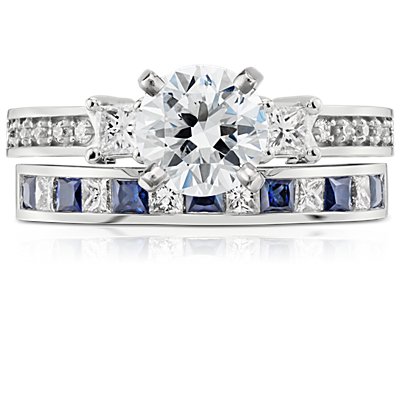 Channel-Set Princess Cut Sapphire and Diamond Ring in 14K White Gold