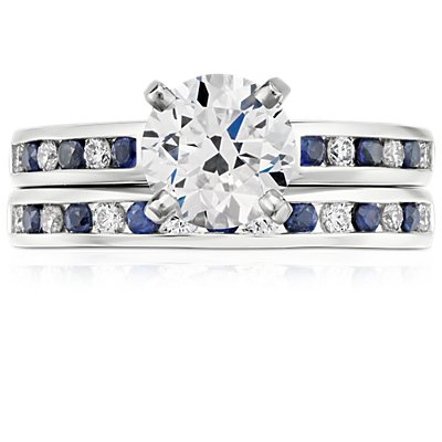 Channel Set Sapphire and Diamond Ring in 18k White Gold (0.18 ct. tw.)