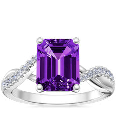 新款 14k 白金祖母绿切割紫水晶经典小巧扭纹钻石订婚戒指（9x7 毫米）