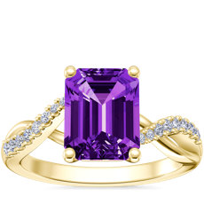 新款 14k 金祖母绿切割紫水晶经典小巧扭纹钻石订婚戒指（9x7 毫米）