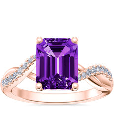 新款 18k 玫瑰金祖母绿切割紫水晶经典小巧扭纹钻石订婚戒指（9x7 毫米）