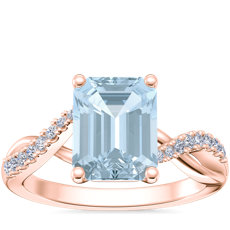 新款 18k 玫瑰金祖母绿形切割海蓝宝石经典小巧扭转钻石订婚戒指（9x7 毫米）