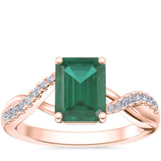 NEW Classic Petite Twist Diamond Engagement Ring with Emerald-Cut Emerald in 18k Rose Gold (8x6mm)