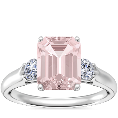 Classic Three Stone Engagement Ring with Emerald-Cut Morganite in 18k ...