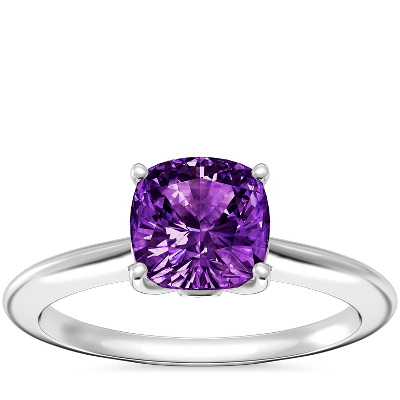 Knife Edge Solitaire Plus Diamond Engagement Ring with Cushion Amethyst in 18k White Gold (6.5mm