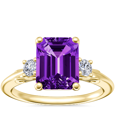 Vintage Three Stone Engagement Ring with Emerald-Cut Amethyst in 14k ...