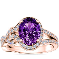 NEW Asymmetrical Diamond Infinity Halo Engagement Ring with Oval Amethyst in 14k Rose Gold (9x7mm)