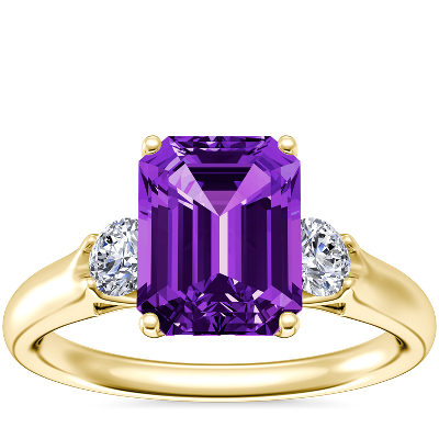 Classic Three Stone Engagement Ring with EmeraldCut Amethyst in 14k