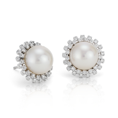 Freshwater Cultured Pearl and Diamond Halo Earrings in 14k