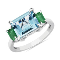 NEW 3-Stone Emerald-Cut Blue Topaz and Baguette Emerald Sidestone Fashion Ring in 14k White Gold