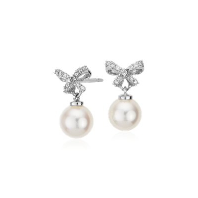 Freshwater Cultured Pearl and Diamond Bow Drop Earrings in