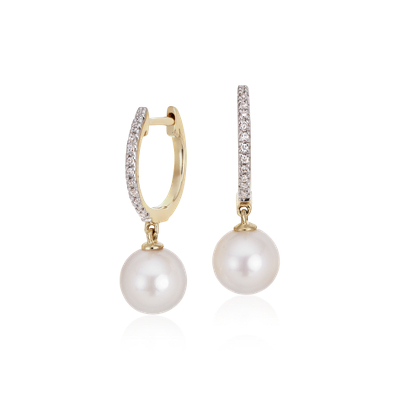 Akoya Cultured Pearl and Diamond Drop Hoop Earrings in 14k Yellow Gold ...