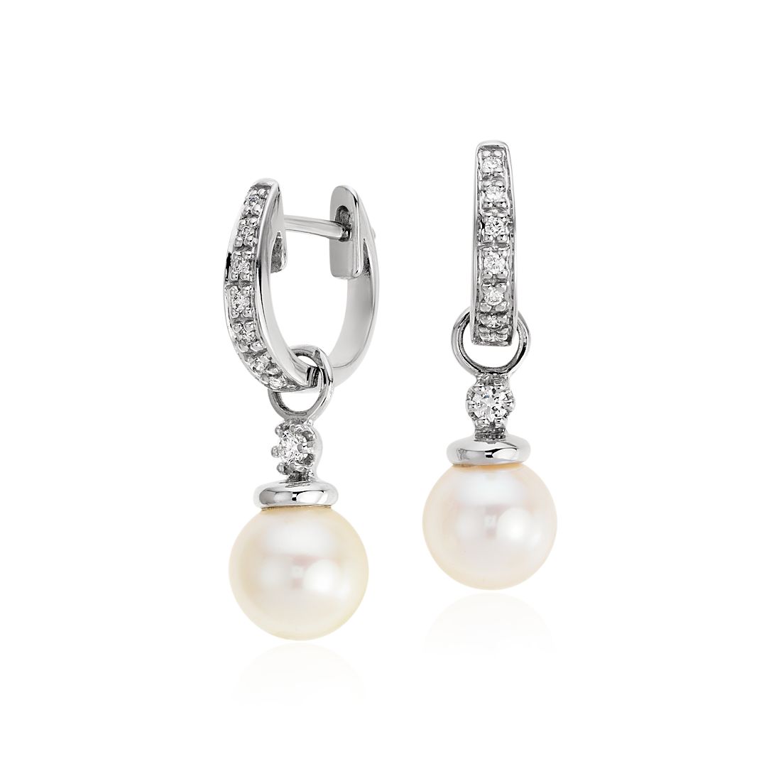 Akoya Cultured Pearl and Pavé Diamond Drop Hoop Earrings in 18k White