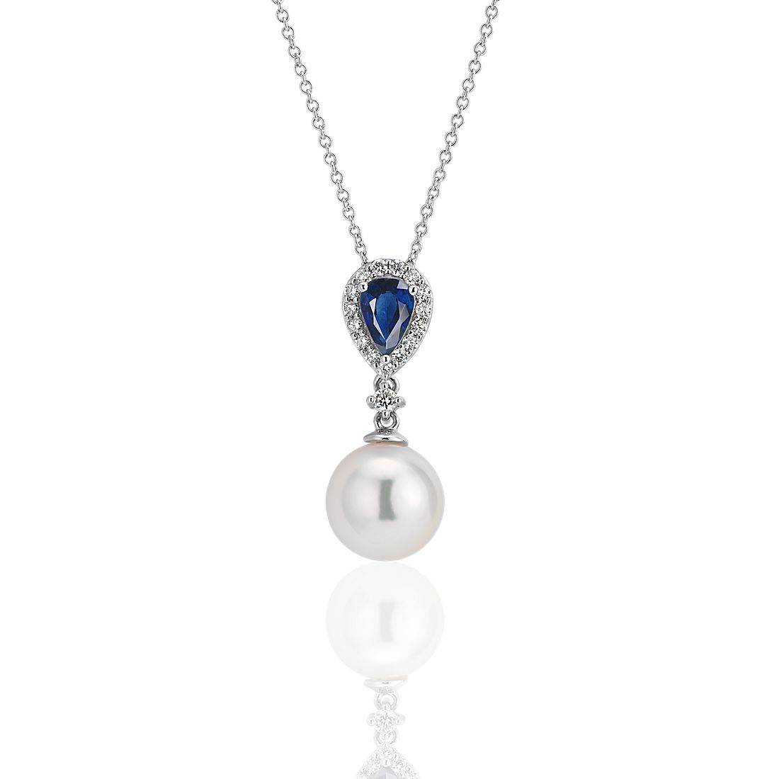 Classic Akoya Cultured Pearl Drop Pendant with Sapphire and Diamond Detail in 14k White Gold (8.5-9mm)