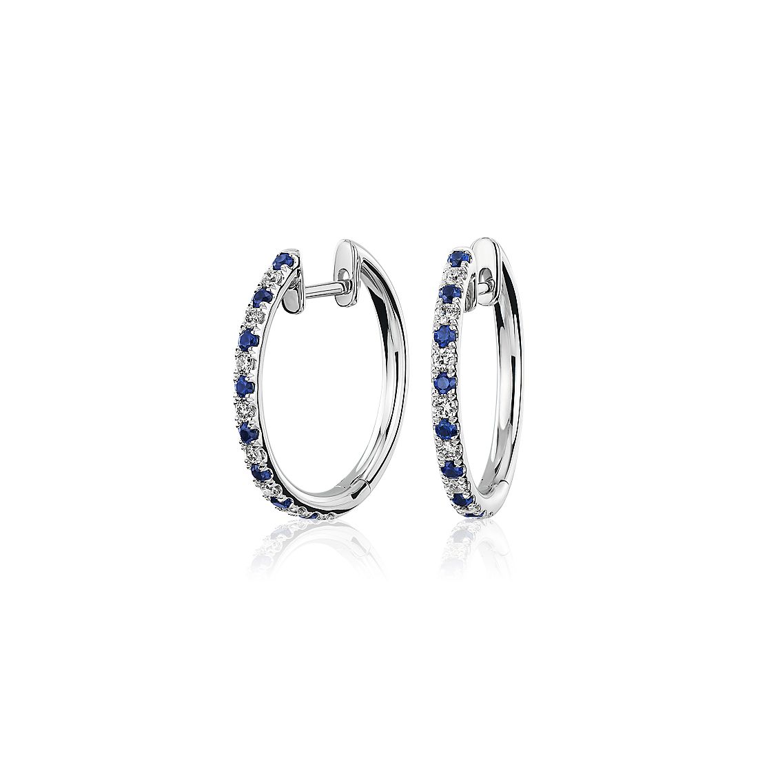 Alternating Sapphire and Diamond Hoop Earrings in 14k White Gold
