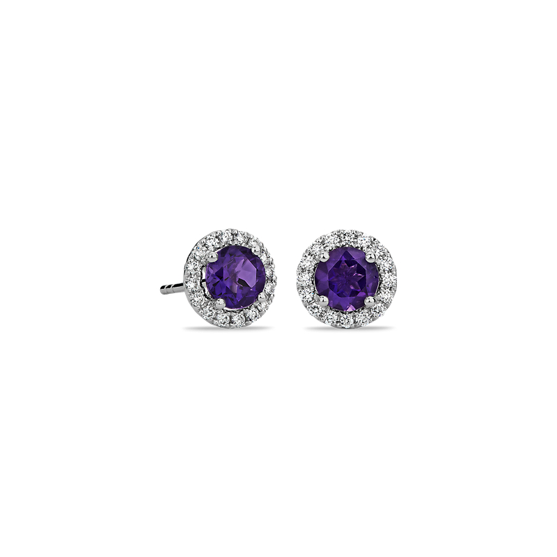 Amethyst and Micropav Diamond Stud Earrings in 18k White Gold