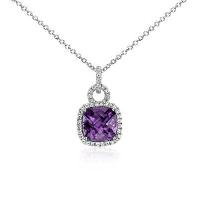 Amethyst and White Sapphire Halo Cushion-Cut Pendant in Sterling Silver ...