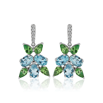 Aquamarine and Tsavorite Cluster Drop Earrings in 18k White Gold | Blue ...