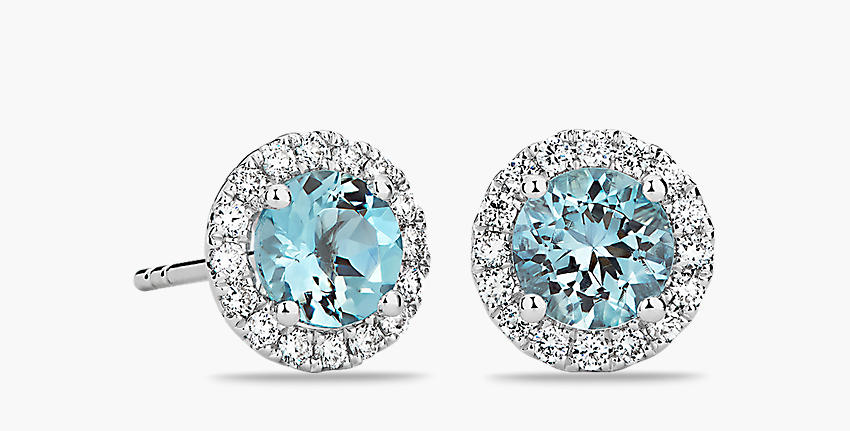 一對白金海藍寶石和鑽石光環誕生石釘款耳環