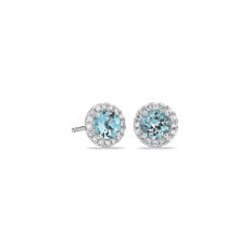 18k 白金海藍寶石與微密釘鑽石釘款耳環（5 毫米）