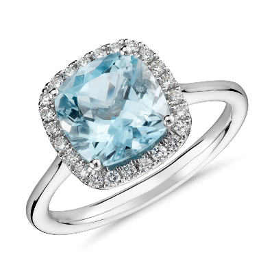 Aquamarine and Diamond Halo Ring in 14k White Gold 8x8mm 