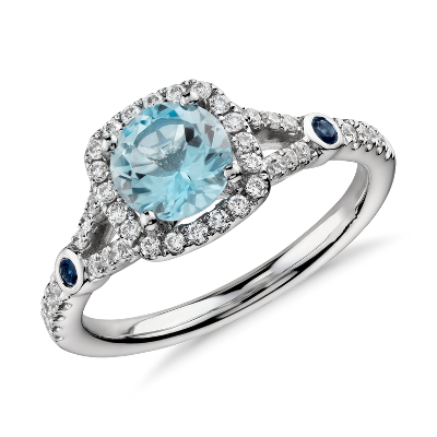Aquamarine and Diamond Split Shank Halo Ring in 14k White