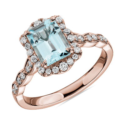 Emerald Cut Aquamarine Ring With Diamond Halo In 14k Rose Gold