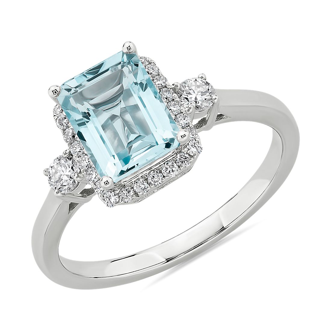 Hexagon Aquamarine Engagement Ring With Diamond Halo White Gold Real Aquamarine Promise Ring Geometric Aquamarine and Diamond Ring For Her
