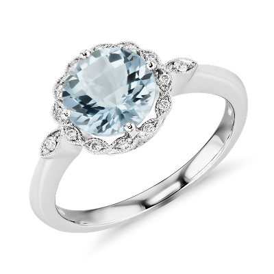 Bague Halo Millegrain Diamant Et Aigue Marine En Or Blanc 14