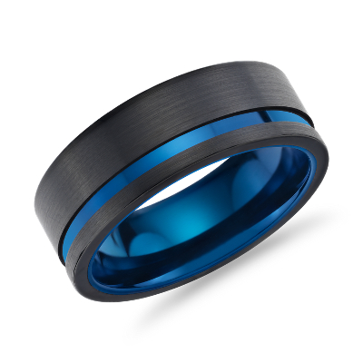 Asymmetrical Black Blue Engraved Wedding Band In Tungsten 8mm
