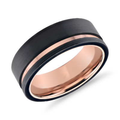 Asymmetrical Black & Rose Engraved Wedding Band in Tungsten (8mm