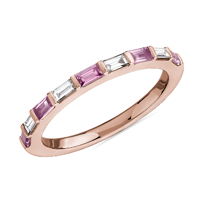 Bague Diamants Et Saphirs Roses Taille Baguette En Or Rose 14