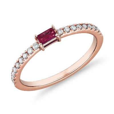 Baguette Ruby And Diamond Pave Stacking Ring In 14k Rose Gold 3 5