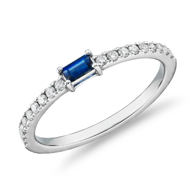 Baguette Sapphire and Diamond Pavé Stacking Ring in 14k White Gold (3 ...