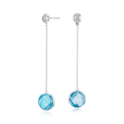 Bezel-Set Swiss Blue Topaz Drop Earring with Diamond Stripe in 14k
