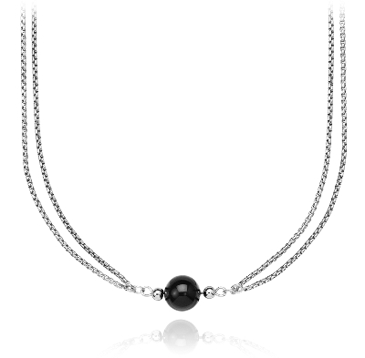 Black Onyx and Sterling Silver Bead Necklace - 34