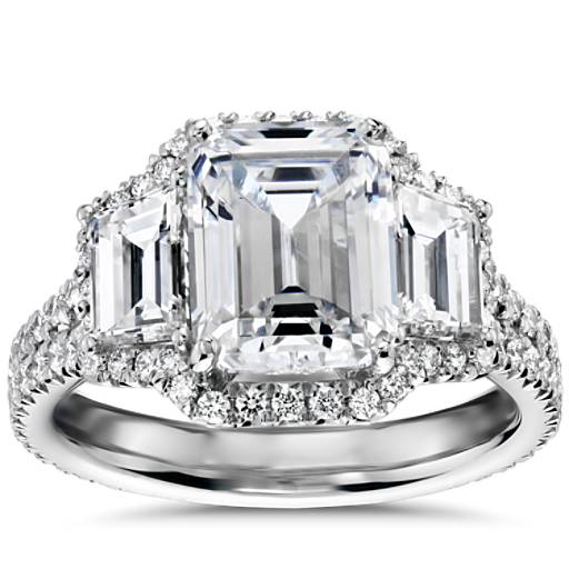 Blue Nile Studio Emerald Three Stone Halo Diamond Blue Nile Studio Emerald Three Stone Halo Diamond