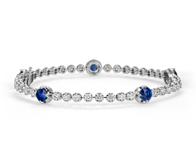 Round Blue Sapphire and Diamond Bracelet in 18k White Gold