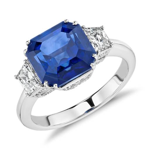 Blue Sapphire and Diamond Three-Stone Ring in 18k White Gold (5.52 ct ...
