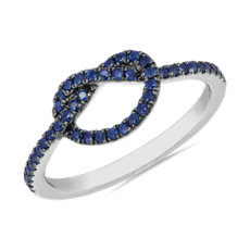 新款 14k 白金蓝色蓝宝石“爱之结”时尚戒指