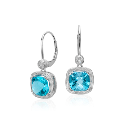Blue Topaz and Diamond Cushion Drop Earrings in Brushed 14k White Gold ...