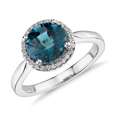 London Blue Topaz and Diamond Petite Halo Ring in 14k White Gold (8mm ...
