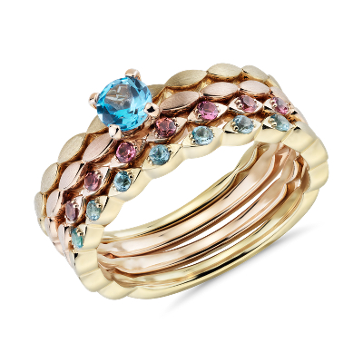 Blue Topaz And Pink Tourmaline Stacking Ring Set In 14k Yellow And