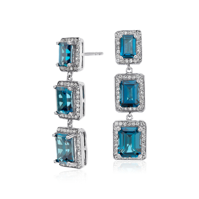 London Blue Topaz Emerald Halo Drop Earrings in Sterling Silver (8x6mm ...