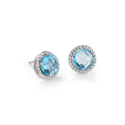 Blue Topaz and White Topaz Halo Earrings in Sterling Silver (7mm ...