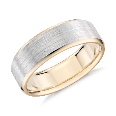 Brushed Beveled Edge Wedding  Ring  in 14k White  and Yellow  