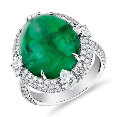 Cabochon Emerald Ring With Triple Diamond Halo And Tiger Prongs In