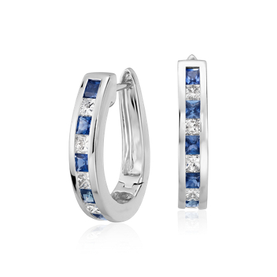 Channel-Set Sapphire and Diamond Hoop Earrings in 14k