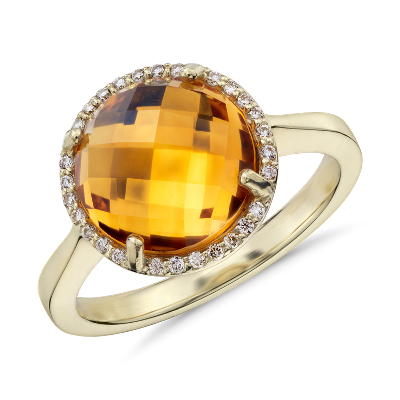 Round Citrine and Diamond Halo Ring in 14k Yellow Gold (10mm) Blue Nile