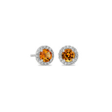Citrine and Micropave Diamond Halo Earrings in 14k White Gold